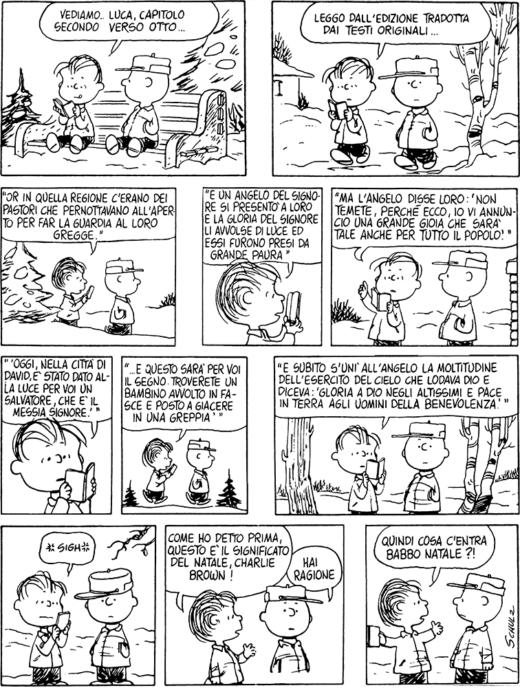 Il significato del Natale, vignetta di Charlie Brown e Linus - da Peanuts (per gentile concessione)